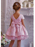 Cap Sleeves Pink Sequin Tulle V Back Flower Girl Dress